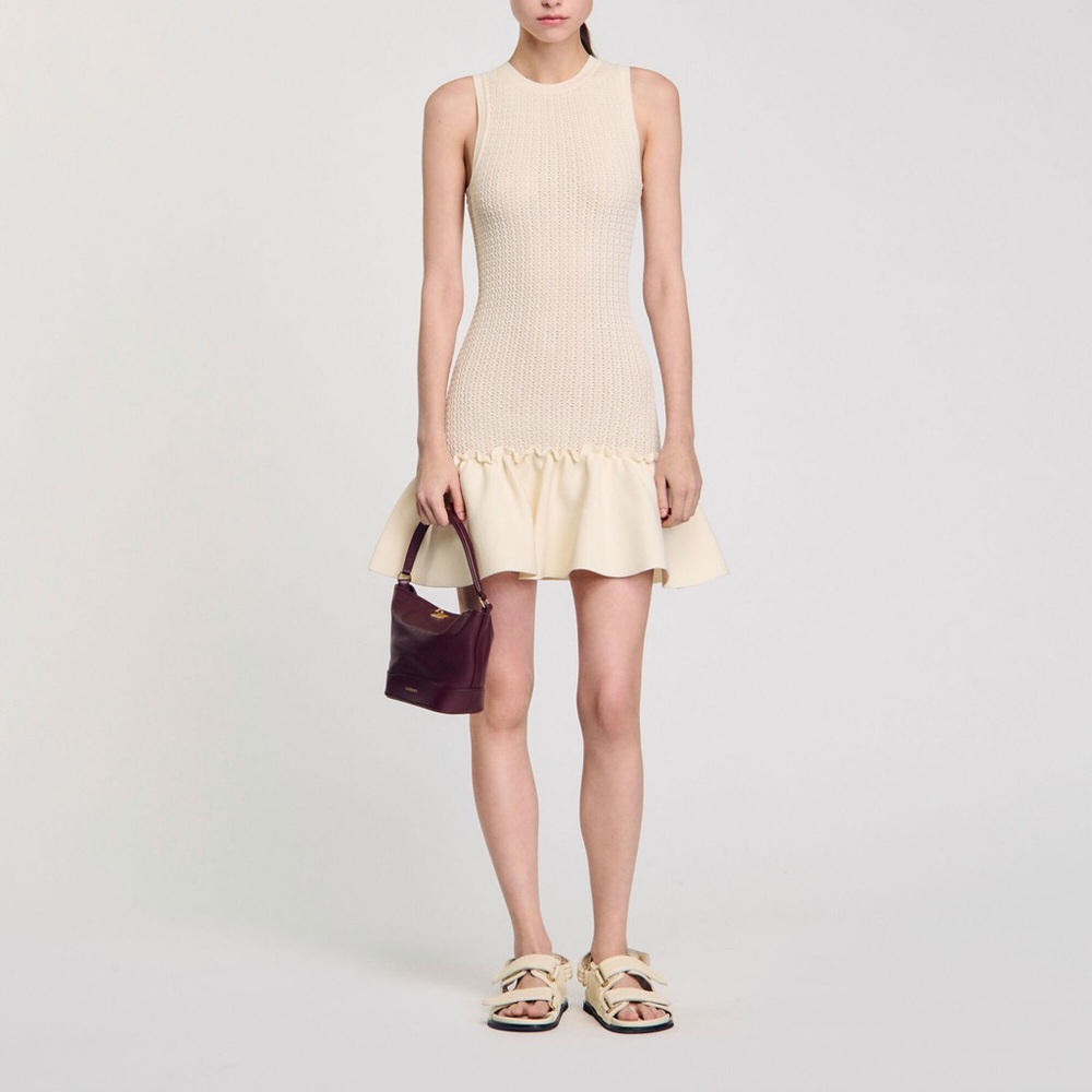 Sandro cream mini knit dress with ruffle